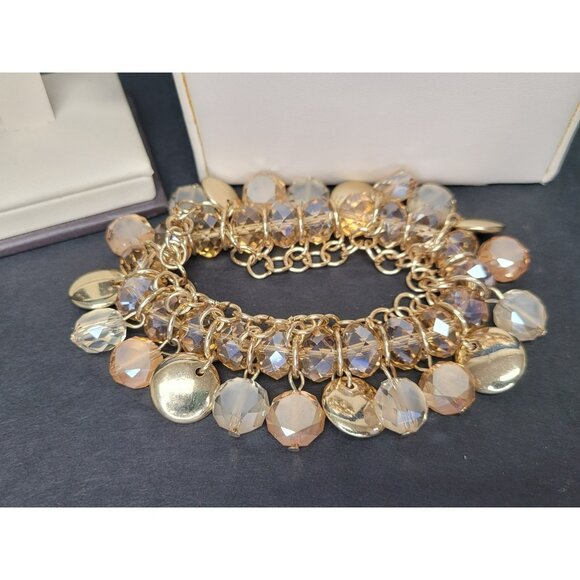 Gold Tone Beaded Statement Necklace Bracelet Earring Set Faceted Crystal Disc 25 - Picture 5 of 10